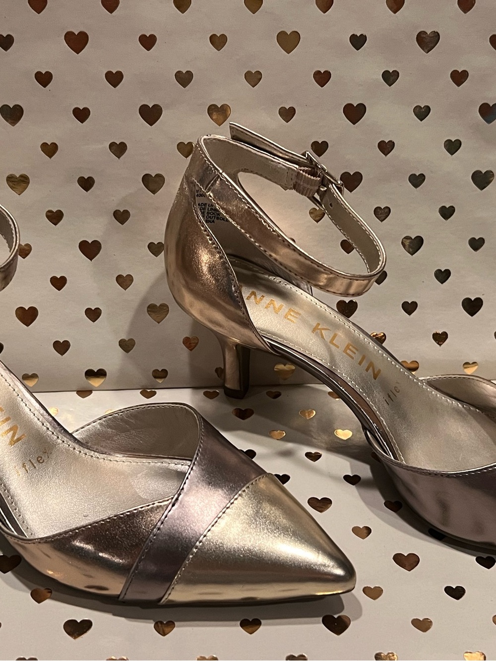 Anne Klein Metallic Rose Gold Pointed-Toe Ankle-Strap Pumps